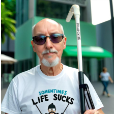A blind man wearing a t-shirt that says Sometimes Life Sucks